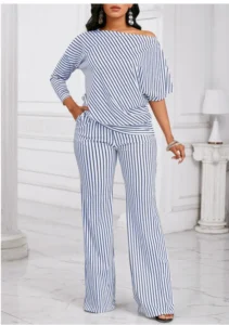 Striped Asymmetry Blue Long Off Shoulder Top and Pants